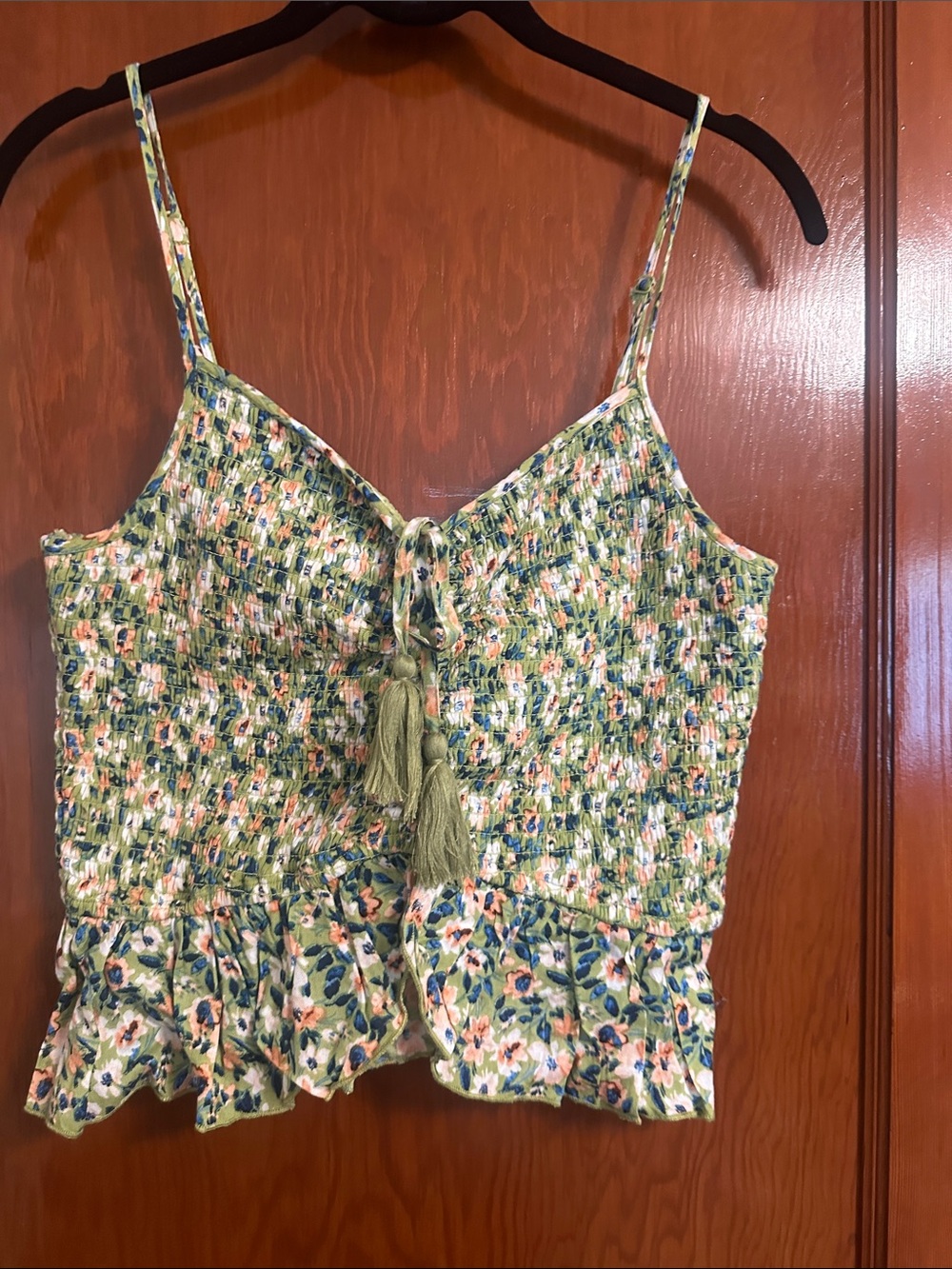 Floral Smocked Tie-Front Cami Top - Green